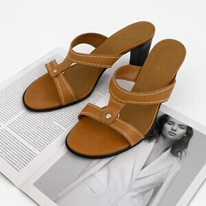 Franco Sarto Womens Sandals 7.5M Brown Tan Leather Slip On Block Heel Y2K Resort